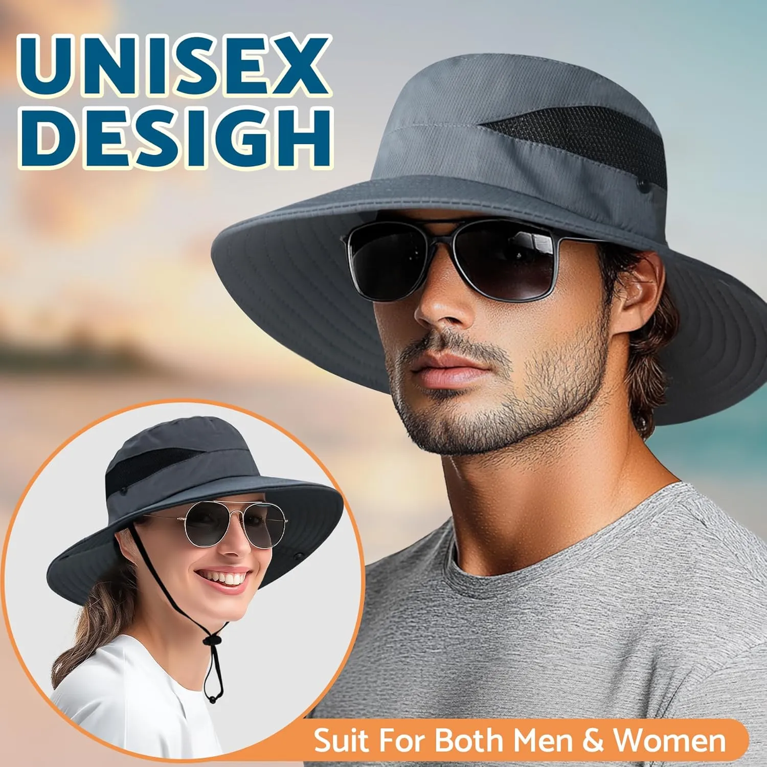 PFFY Sun Bucket Hats for Men Women 3 Wide Brim UPF 50  Fishing & Beach Hat