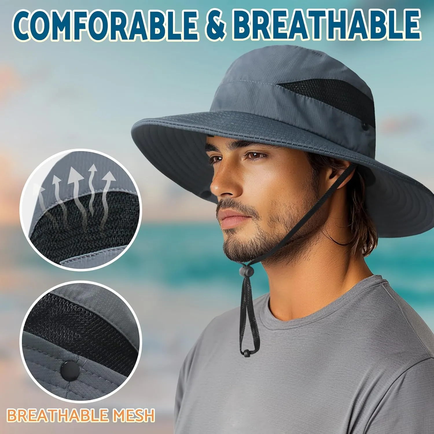 PFFY Sun Bucket Hats for Men Women 3 Wide Brim UPF 50  Fishing & Beach Hat