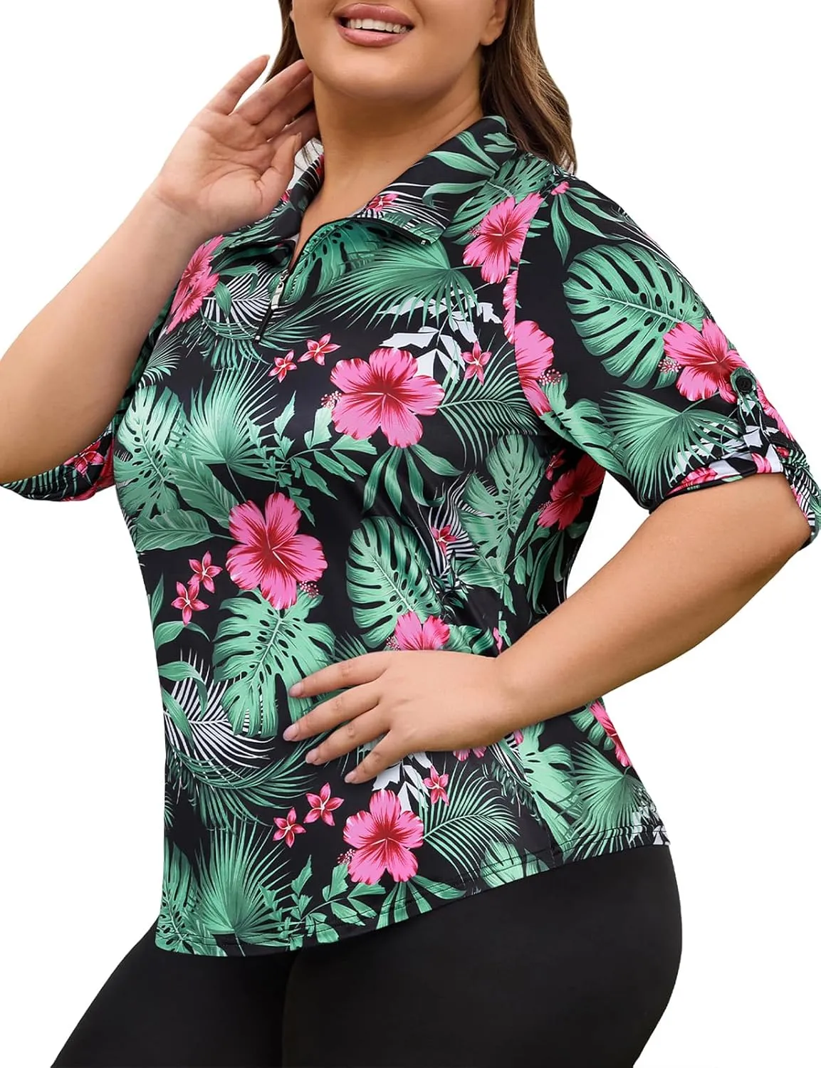 Plus Size Golf Polo Shirts for Women 3/4 Sleeve Quarter Zip Pullover Quick Dry Workout Tops XL-5XL