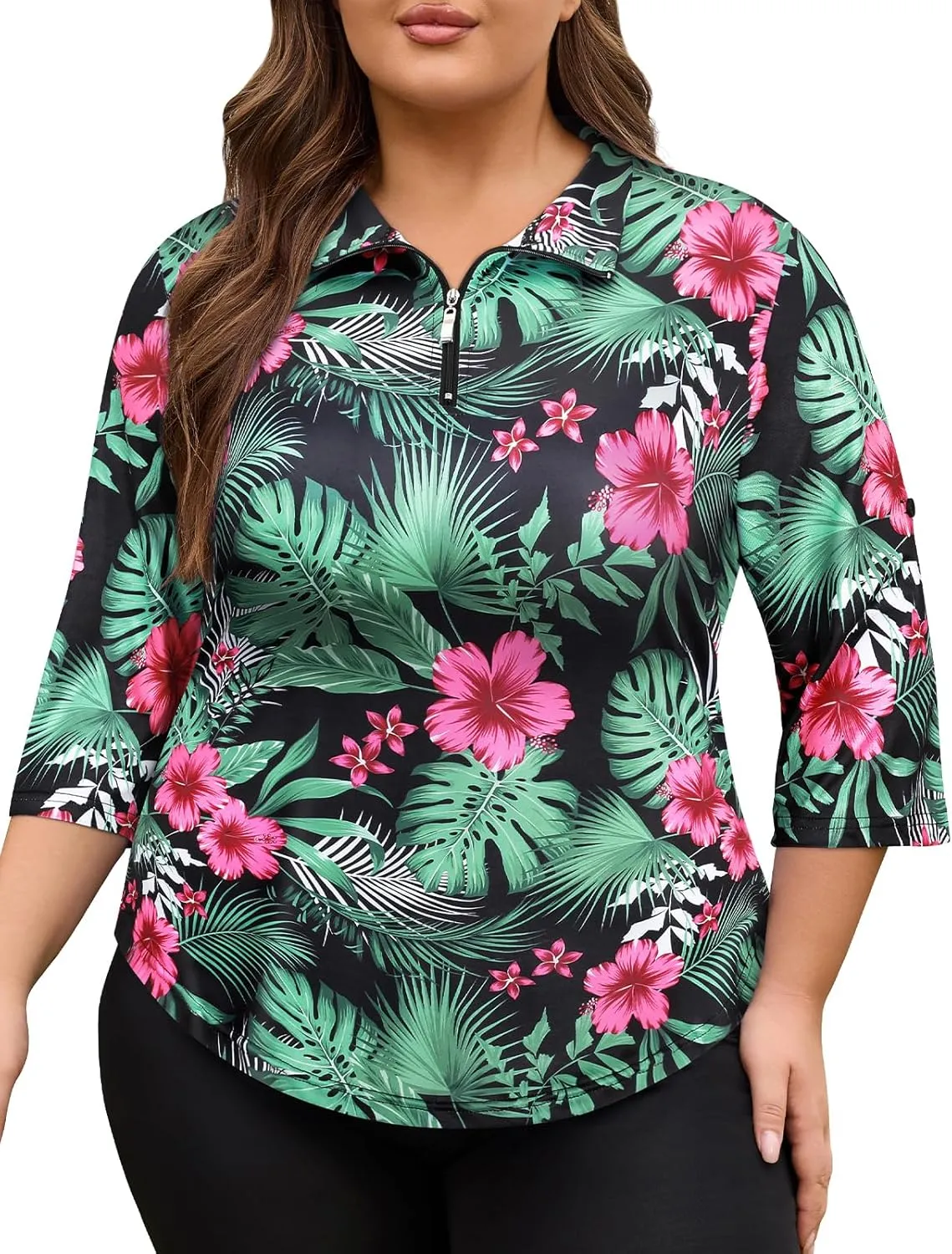 Plus Size Golf Polo Shirts for Women 3/4 Sleeve Quarter Zip Pullover Quick Dry Workout Tops XL-5XL
