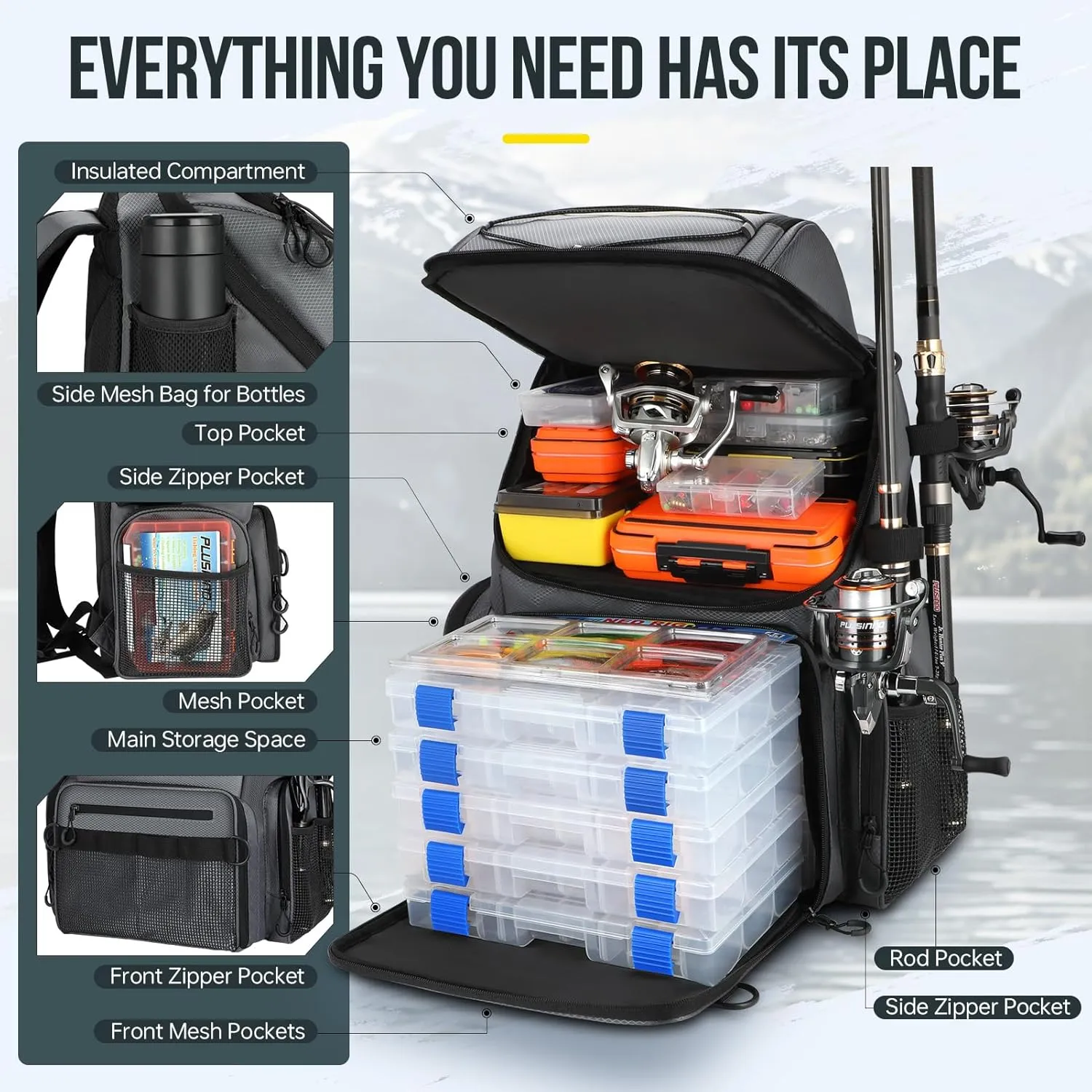 PLUSINNO Cooler Fishing Backpack with Rod Holders 45L Large Water-resistant Fishing Tackle bag Store Fishing Gear Fishing Gifts for Men Father