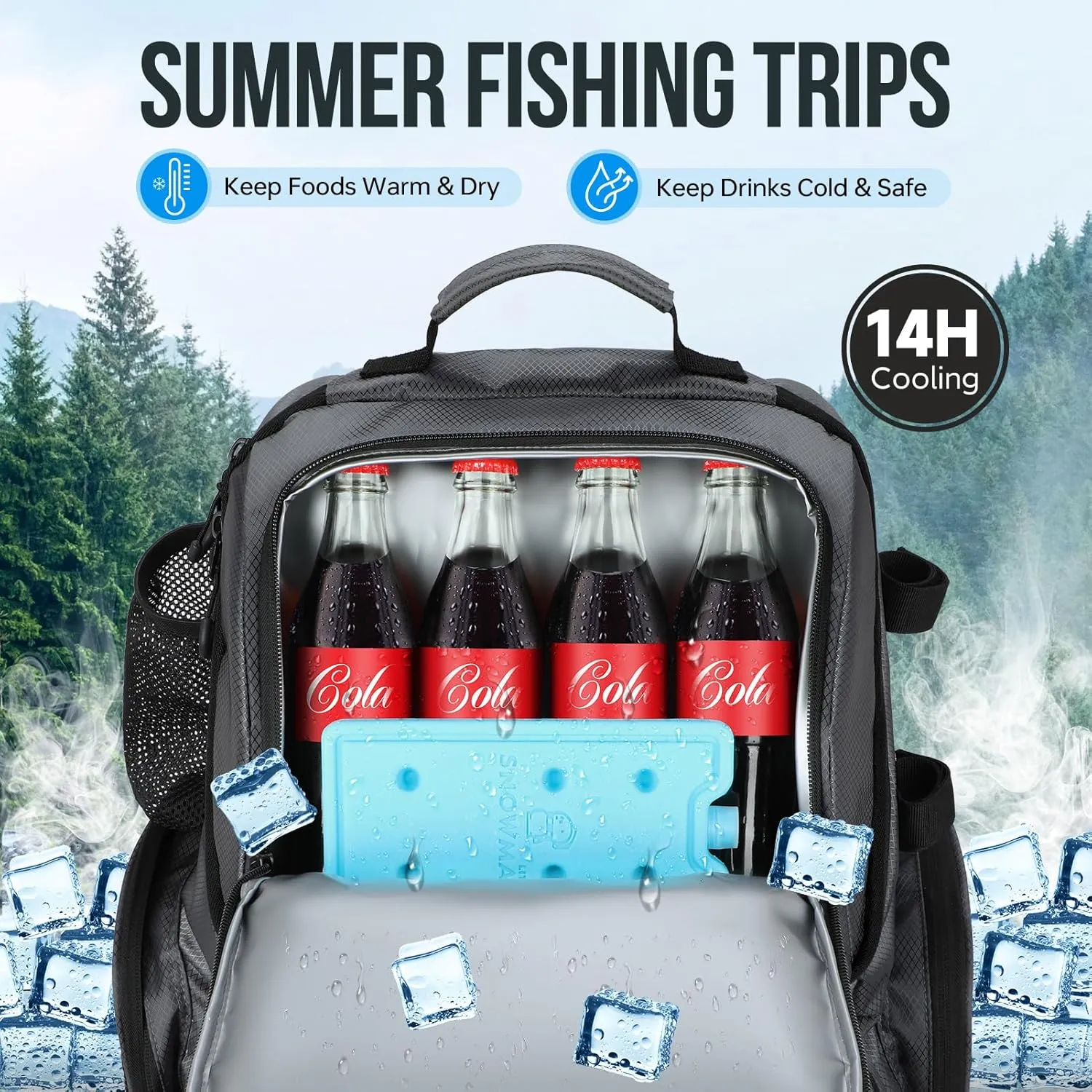 PLUSINNO Cooler Fishing Backpack with Rod Holders 45L Large Water-resistant Fishing Tackle bag Store Fishing Gear Fishing Gifts for Men Father