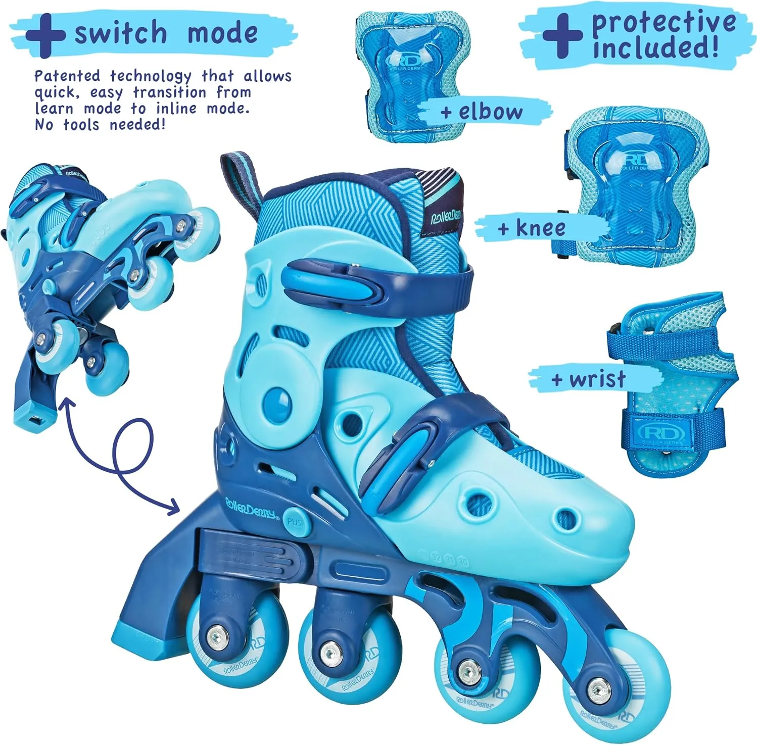 Roller Derby Switch Skates for Beginners, 2 in 1 Adjustable Skates Convert from Learn Mode to Inline Skates for Toddlers, Kids