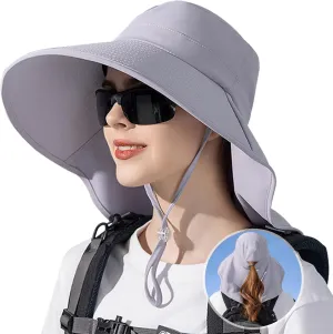 Ruqizhi Sun Hats for Women with Neck Flap Ponytail Hole Women Sun Hats Rollable UV Protection Fishing Hats Wide Brim UPF 50 