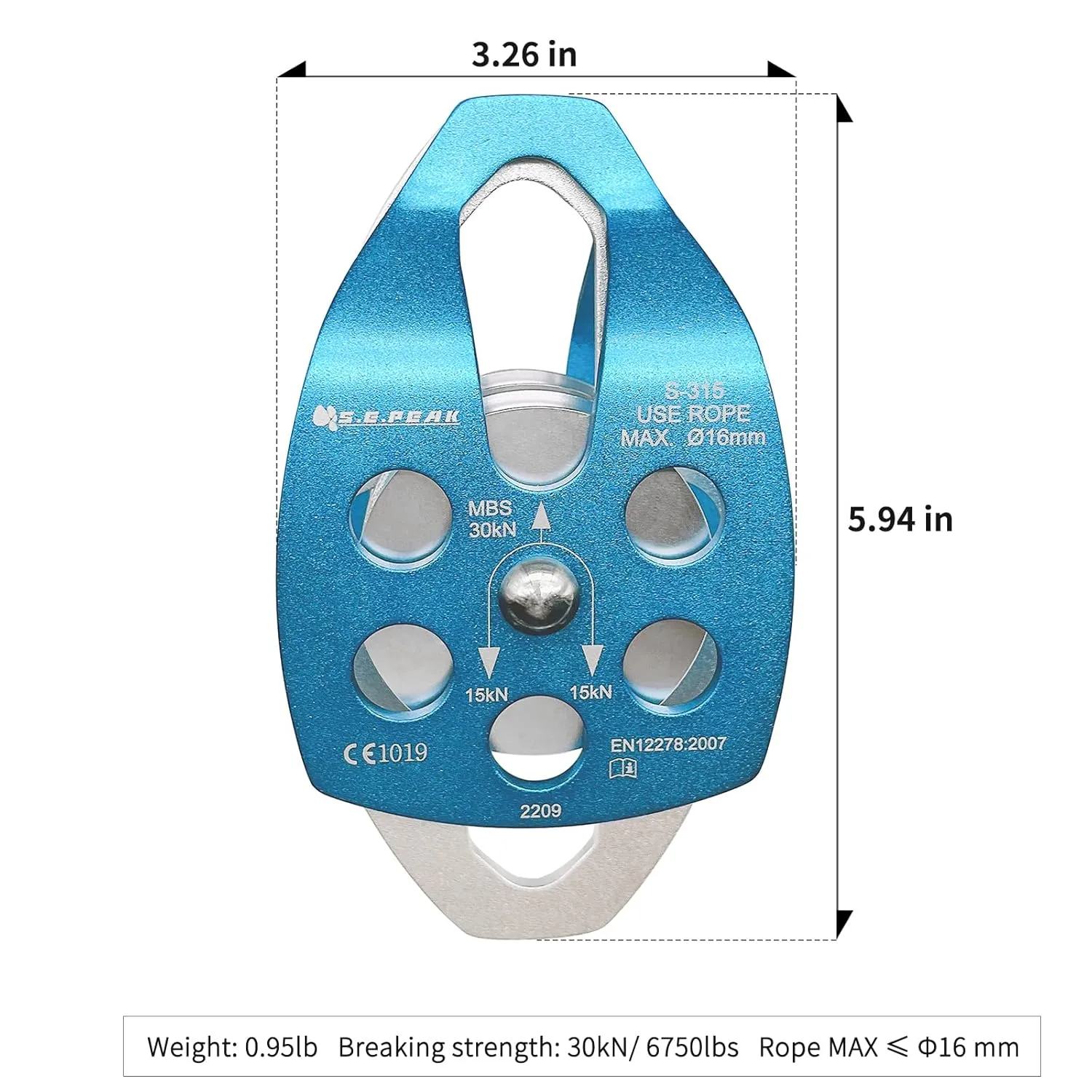 SEPEAK CE 30kN Large Rescue Climbing Pulley Double Sheave with Swing Plate, Portable Outdoor Safety Pulley for Backyard Zipline,Climbing&Rock Lifting,Fits Rope up to 16 mm/Holds Up to 6750lbs,Blue