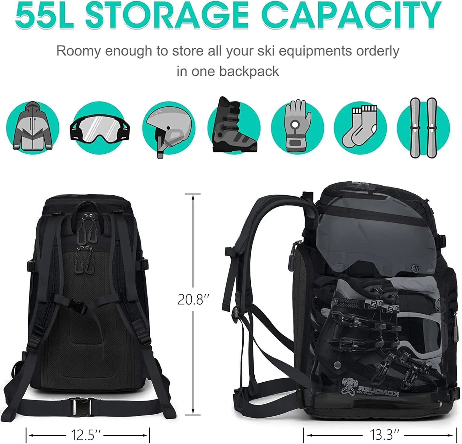 Ski Boot Bag, 55L Waterproof Ski and Snowboard Boots Travel Backpack for Skis, Snowboard, Ski Helmet, & Accessories