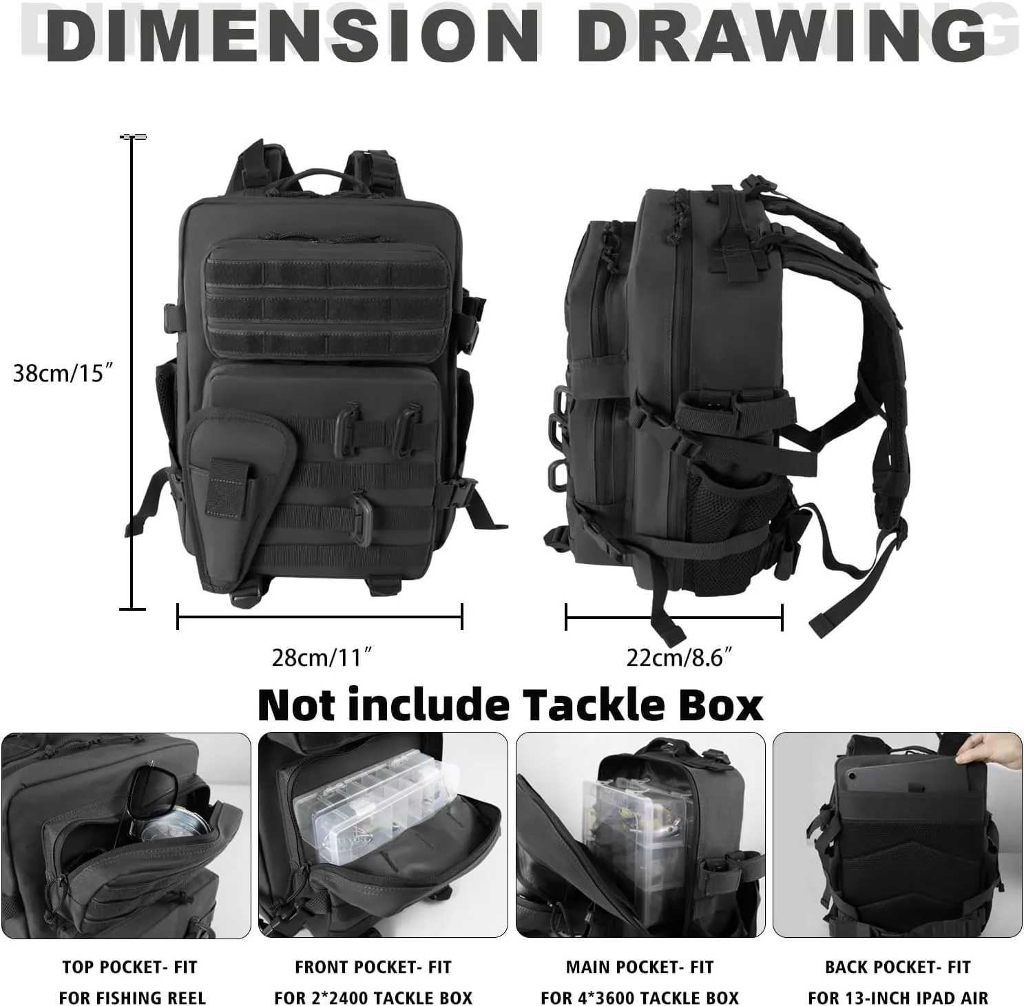 Small Tactical Fishing Tackle Backpack with Removable Plier Holder & Rod Holders Storage Fishing Gear and Equipment Tackle Bag 25l Lightweight Hiking Backpack Black without Tackle Boxes