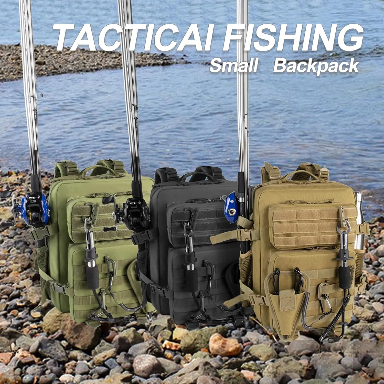 Small Tactical Fishing Tackle Backpack with Removable Plier Holder & Rod Holders Storage Fishing Gear and Equipment Tackle Bag 25l Lightweight Hiking Backpack Black without Tackle Boxes