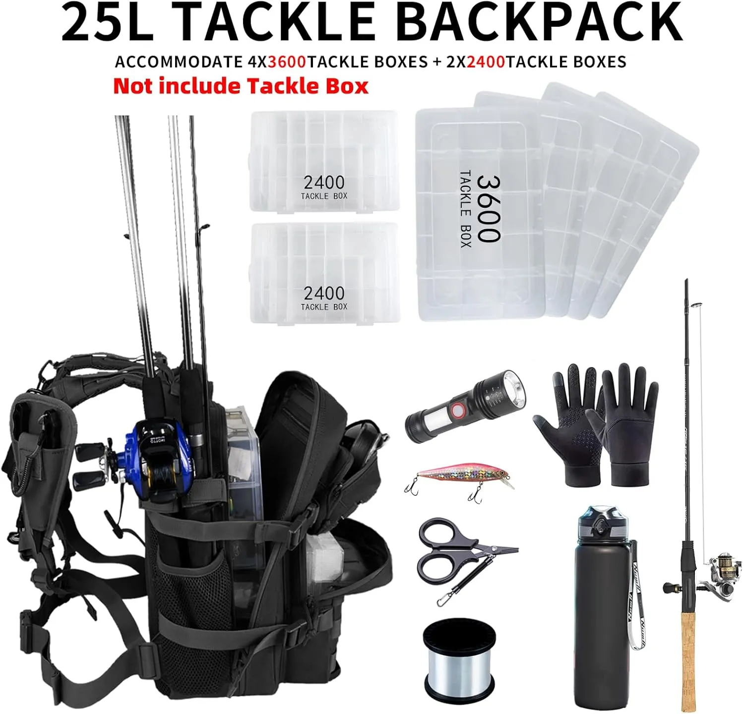Small Tactical Fishing Tackle Backpack with Removable Plier Holder & Rod Holders Storage Fishing Gear and Equipment Tackle Bag 25l Lightweight Hiking Backpack Black without Tackle Boxes