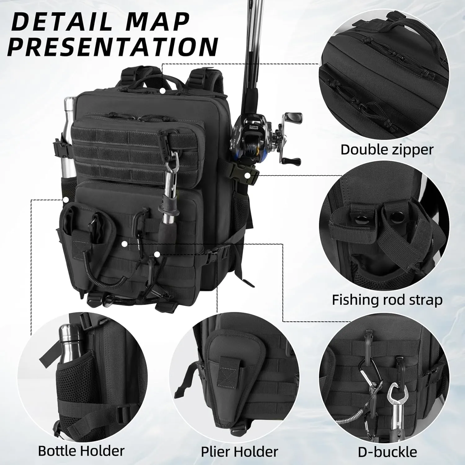 Small Tactical Fishing Tackle Backpack with Removable Plier Holder & Rod Holders Storage Fishing Gear and Equipment Tackle Bag 25l Lightweight Hiking Backpack Black without Tackle Boxes