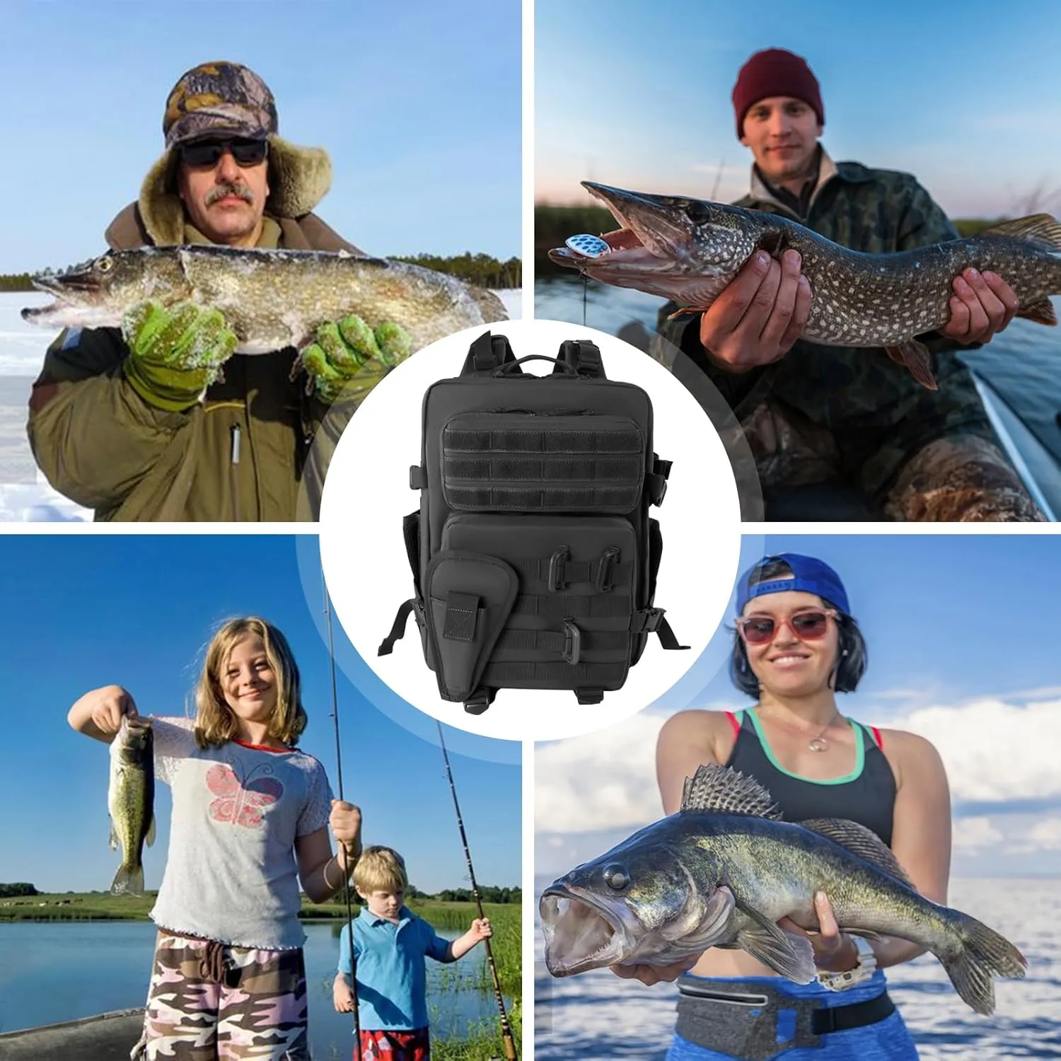 Small Tactical Fishing Tackle Backpack with Removable Plier Holder & Rod Holders Storage Fishing Gear and Equipment Tackle Bag 25l Lightweight Hiking Backpack Black without Tackle Boxes