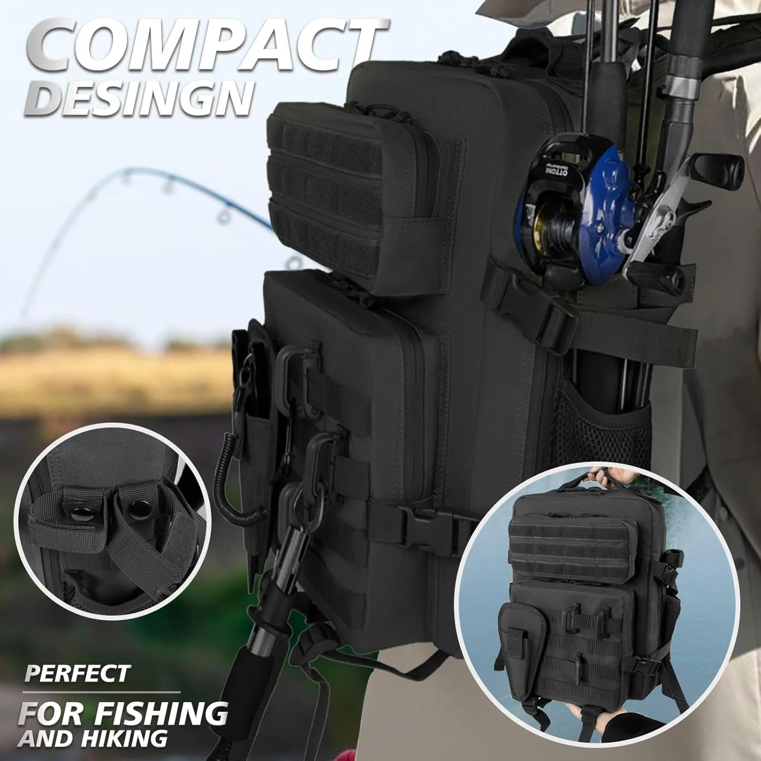 Small Tactical Fishing Tackle Backpack with Removable Plier Holder & Rod Holders Storage Fishing Gear and Equipment Tackle Bag 25l Lightweight Hiking Backpack Black without Tackle Boxes