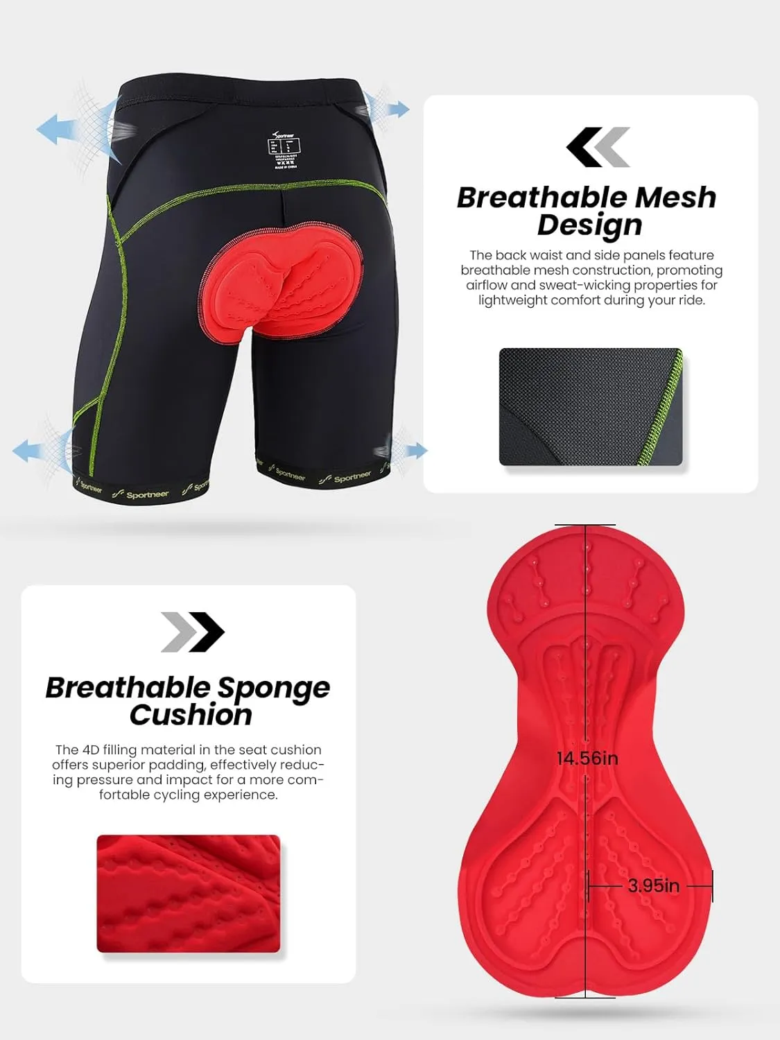 Sportneer Padded Bike Shorts for Men - 4D Padding Mens Bicycle Cycling Biking Clothing Shorts, Breathable and Absorbent