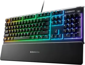 SteelSeries Apex 3 RGB Gaming Keyboard  10-Zone RGB Illumination  IP32 Water Resistant  Premium Magnetic Wrist Rest (Whisper Quiet Gaming Switch)