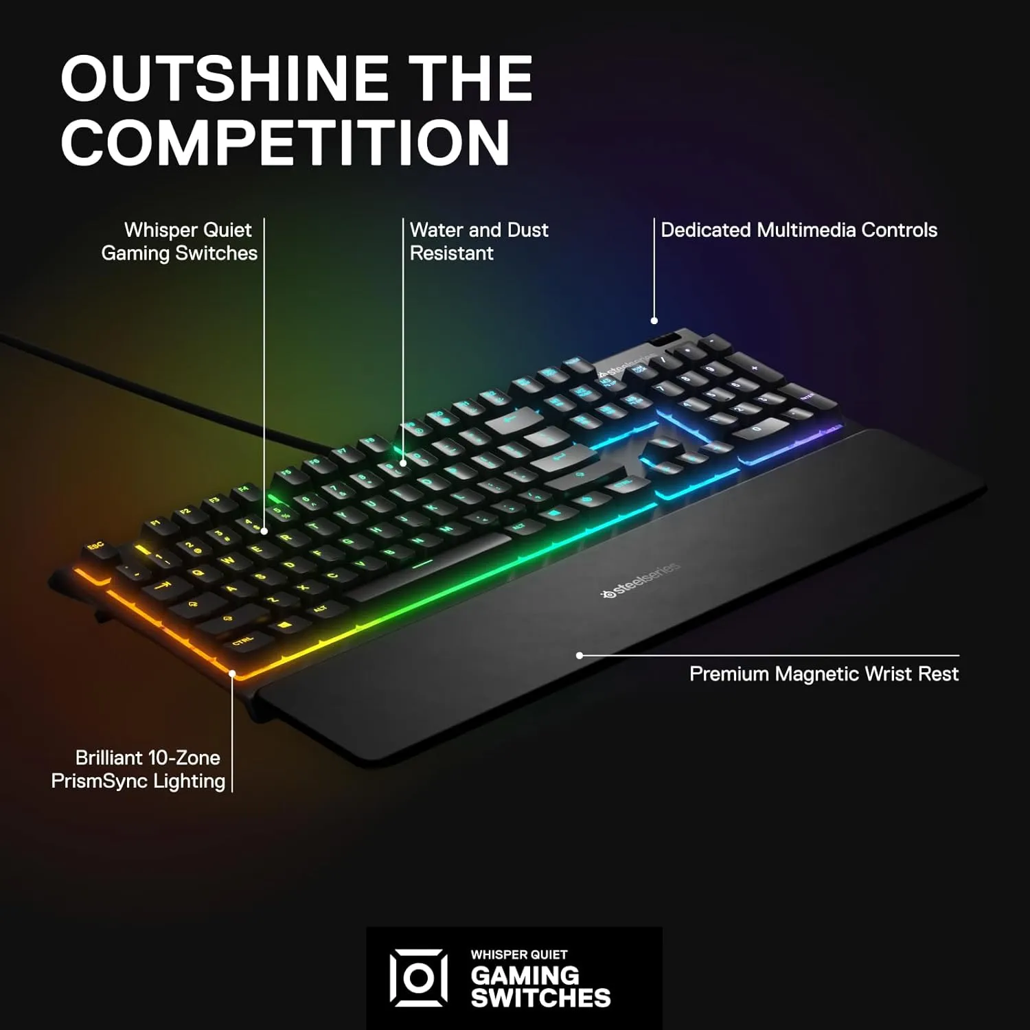 SteelSeries Apex 3 RGB Gaming Keyboard  10-Zone RGB Illumination  IP32 Water Resistant  Premium Magnetic Wrist Rest (Whisper Quiet Gaming Switch)