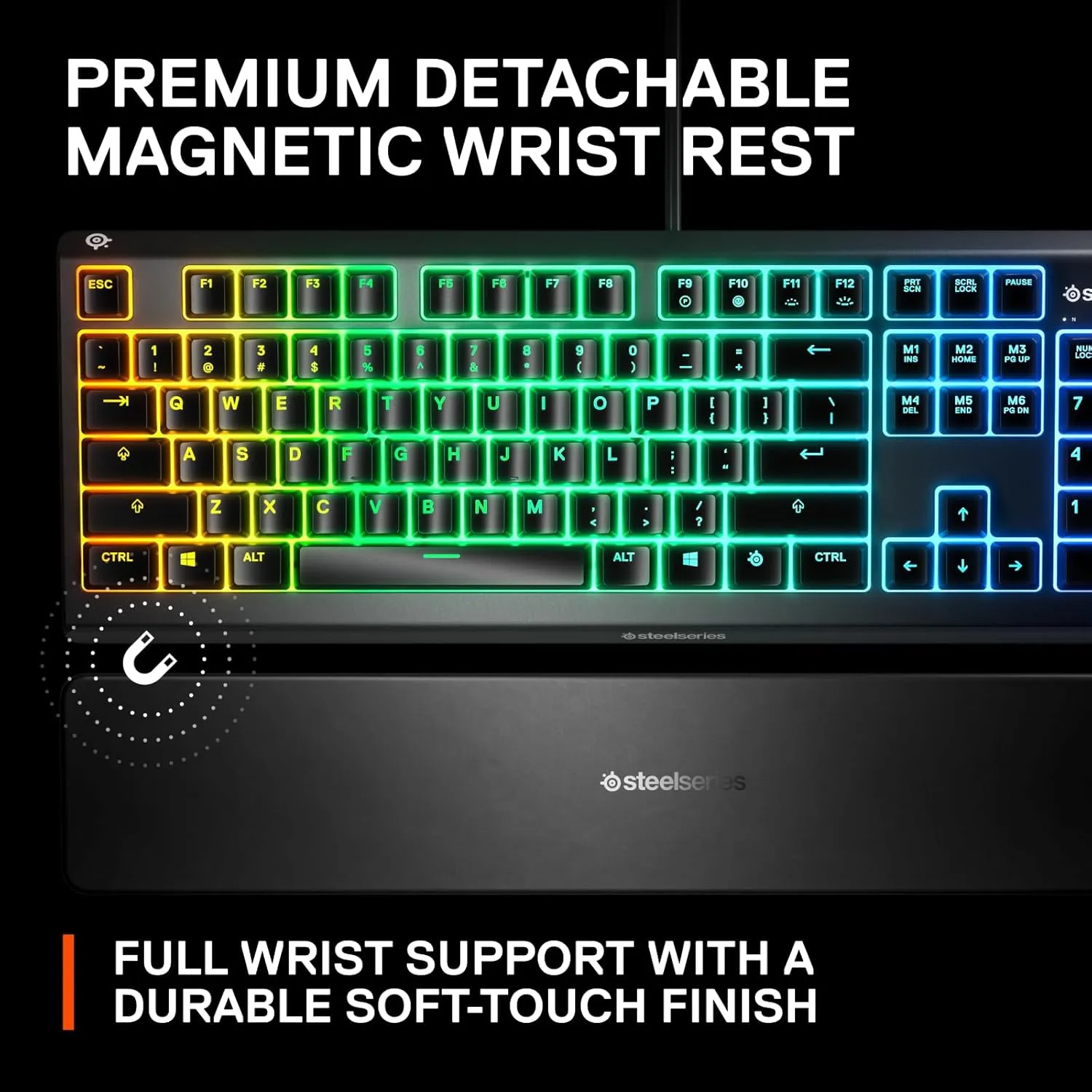 SteelSeries Apex 3 RGB Gaming Keyboard  10-Zone RGB Illumination  IP32 Water Resistant  Premium Magnetic Wrist Rest (Whisper Quiet Gaming Switch)