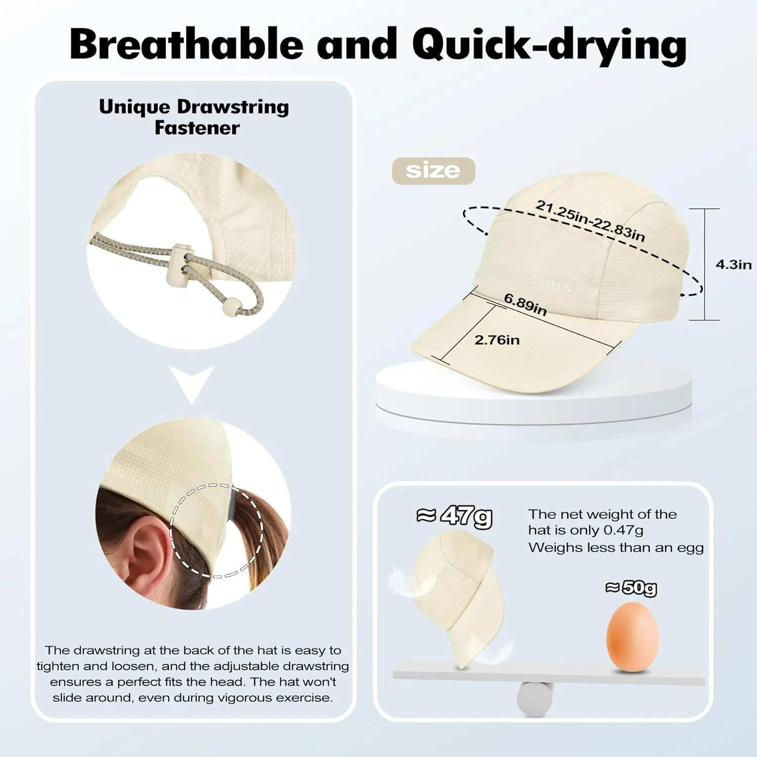 Sukeen Lightweight Sun Hat for Women Men,Quick Drying Baseball Cap UPF50  Running Hats Foldable Sport Cap for Outdoor Daily