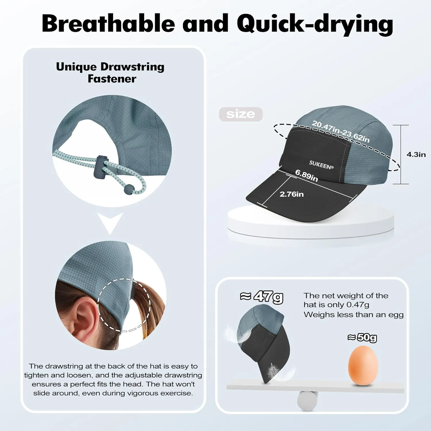 Sukeen Lightweight Sun Hat for Women Men,Quick Drying Baseball Cap UPF50  Running Hats Foldable Sport Cap for Outdoor Daily