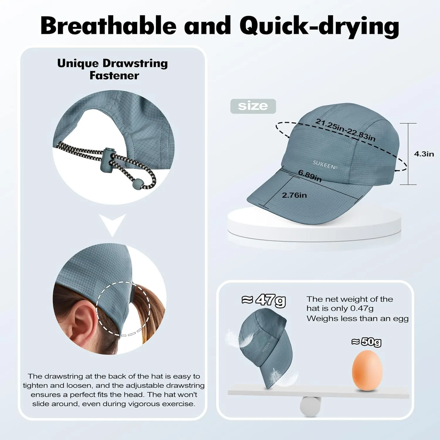 Sukeen Lightweight Sun Hat for Women Men,Quick Drying Baseball Cap UPF50  Running Hats Foldable Sport Cap for Outdoor Daily