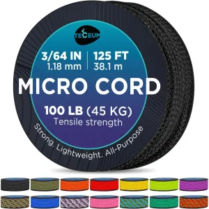 TECEUM Micro Paracord  1.18 mm X 125 ft  Micro Utility Cord  Thin Braided Paracord Rope  Best for Crafting, DIY Projects, Fishing, Camping  Wind Chime Replacement  Survival Strong String