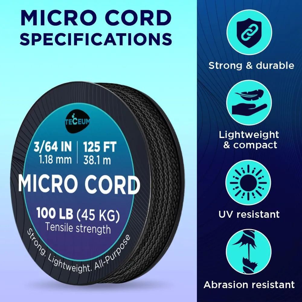 TECEUM Micro Paracord  1.18 mm X 125 ft  Micro Utility Cord  Thin Braided Paracord Rope  Best for Crafting, DIY Projects, Fishing, Camping  Wind Chime Replacement  Survival Strong String