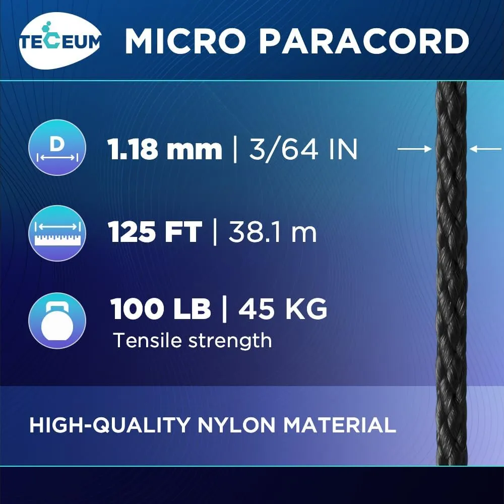 TECEUM Micro Paracord  1.18 mm X 125 ft  Micro Utility Cord  Thin Braided Paracord Rope  Best for Crafting, DIY Projects, Fishing, Camping  Wind Chime Replacement  Survival Strong String