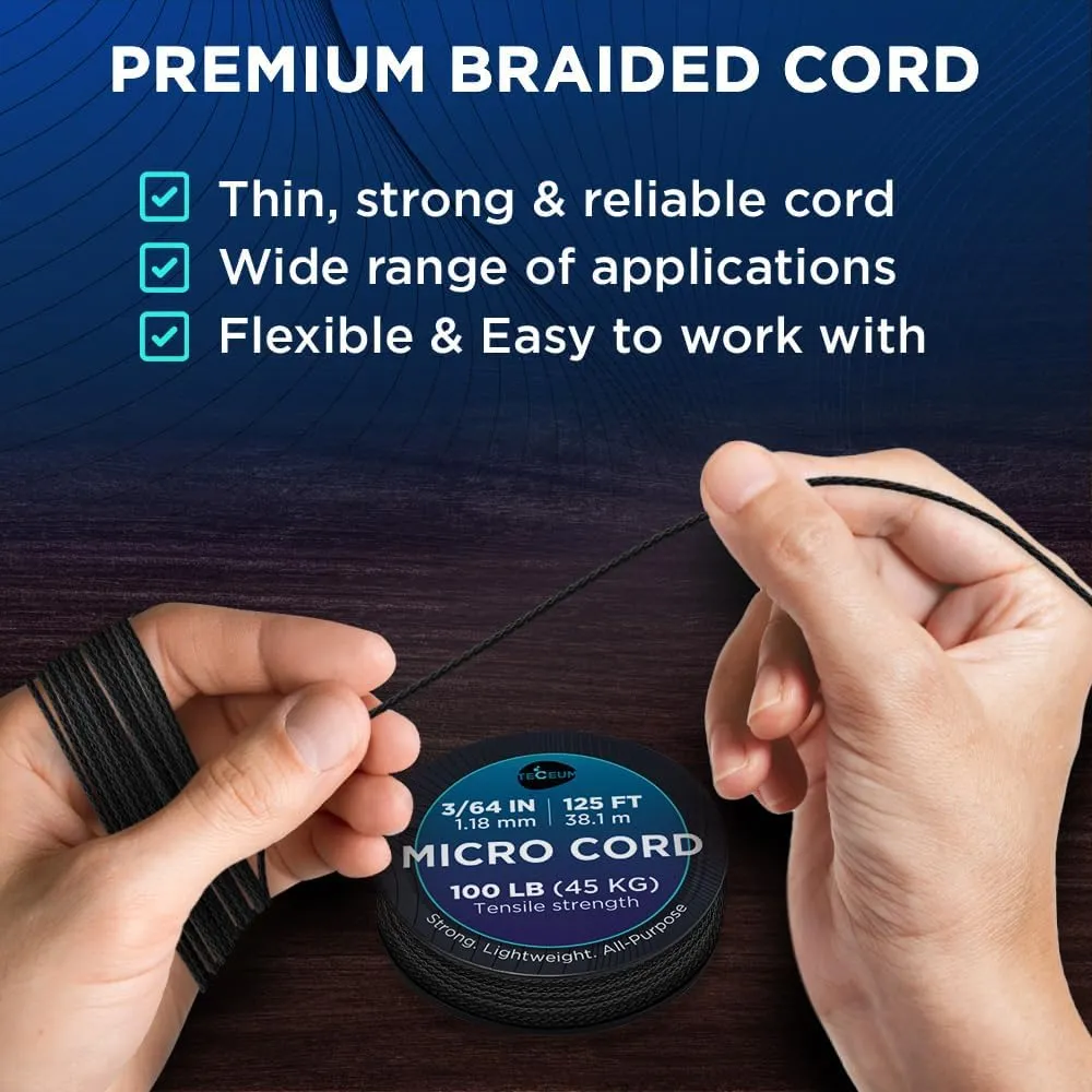 TECEUM Micro Paracord  1.18 mm X 125 ft  Micro Utility Cord  Thin Braided Paracord Rope  Best for Crafting, DIY Projects, Fishing, Camping  Wind Chime Replacement  Survival Strong String