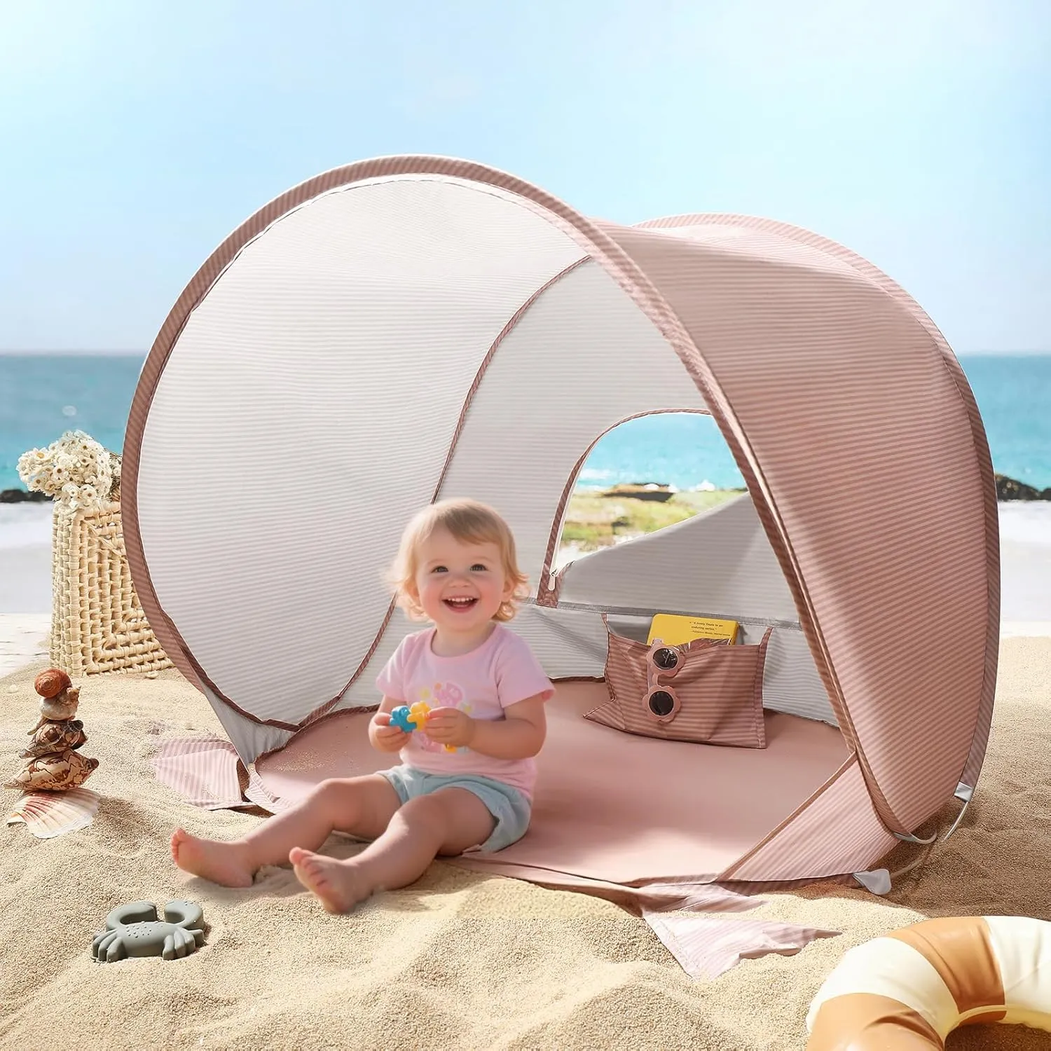 Tiny Land Baby Beach Tent  Pop Up Baby Tent with UV Protection, Portable Baby Beach Essentials, 35"x28"x32" Sun Shelter for Infants, Baby Outdoor Use (Pink)