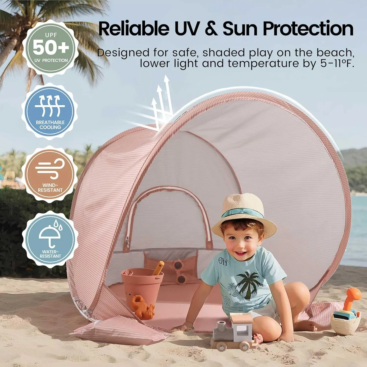 Tiny Land Baby Beach Tent  Pop Up Baby Tent with UV Protection, Portable Baby Beach Essentials, 35"x28"x32" Sun Shelter for Infants, Baby Outdoor Use (Pink)