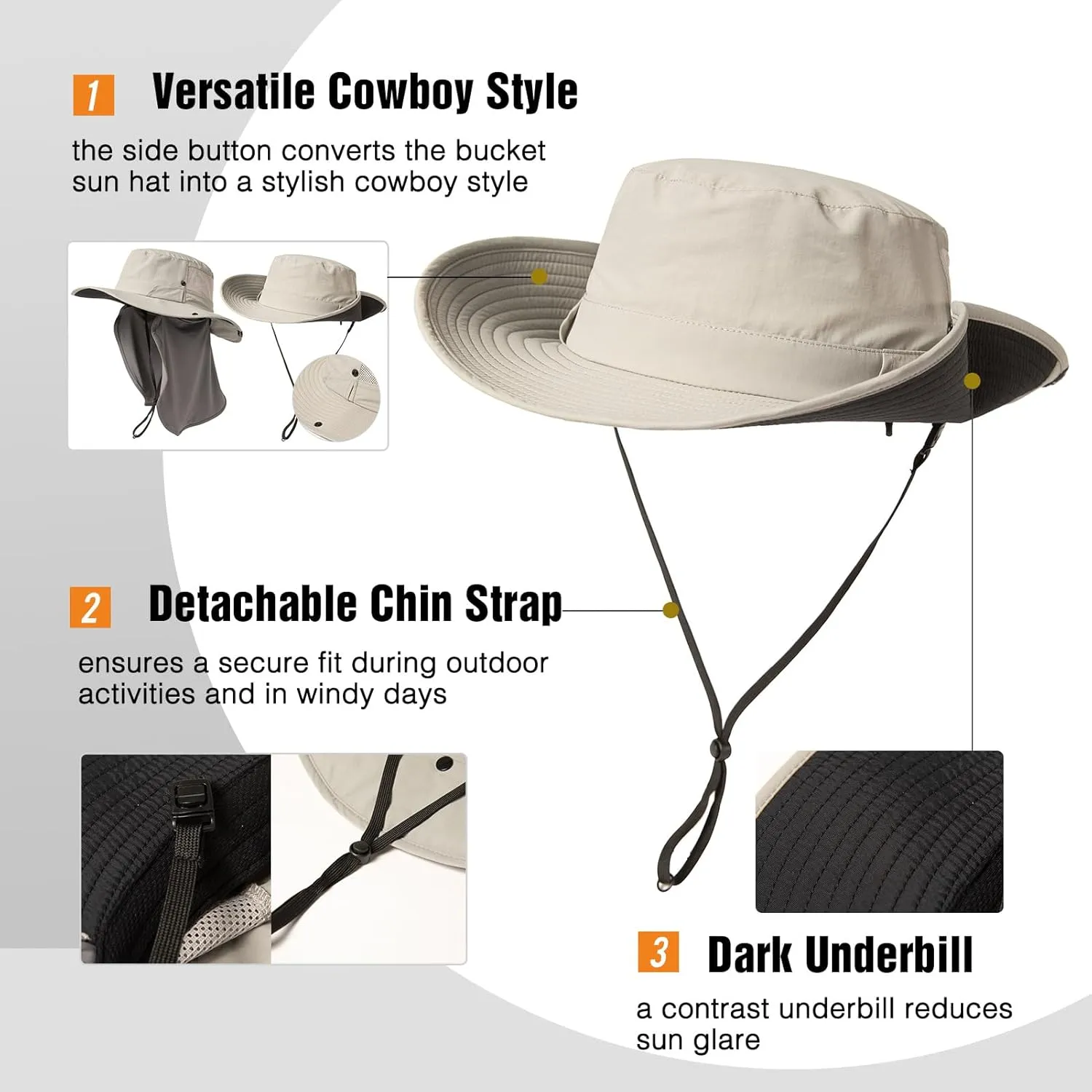TOP-EX L/XL/XXL UV Protection Mens Sun Hat with Cooling Neck Flap Sunglass Lock Wide Brim Fishing Hats Waterproof & Packable