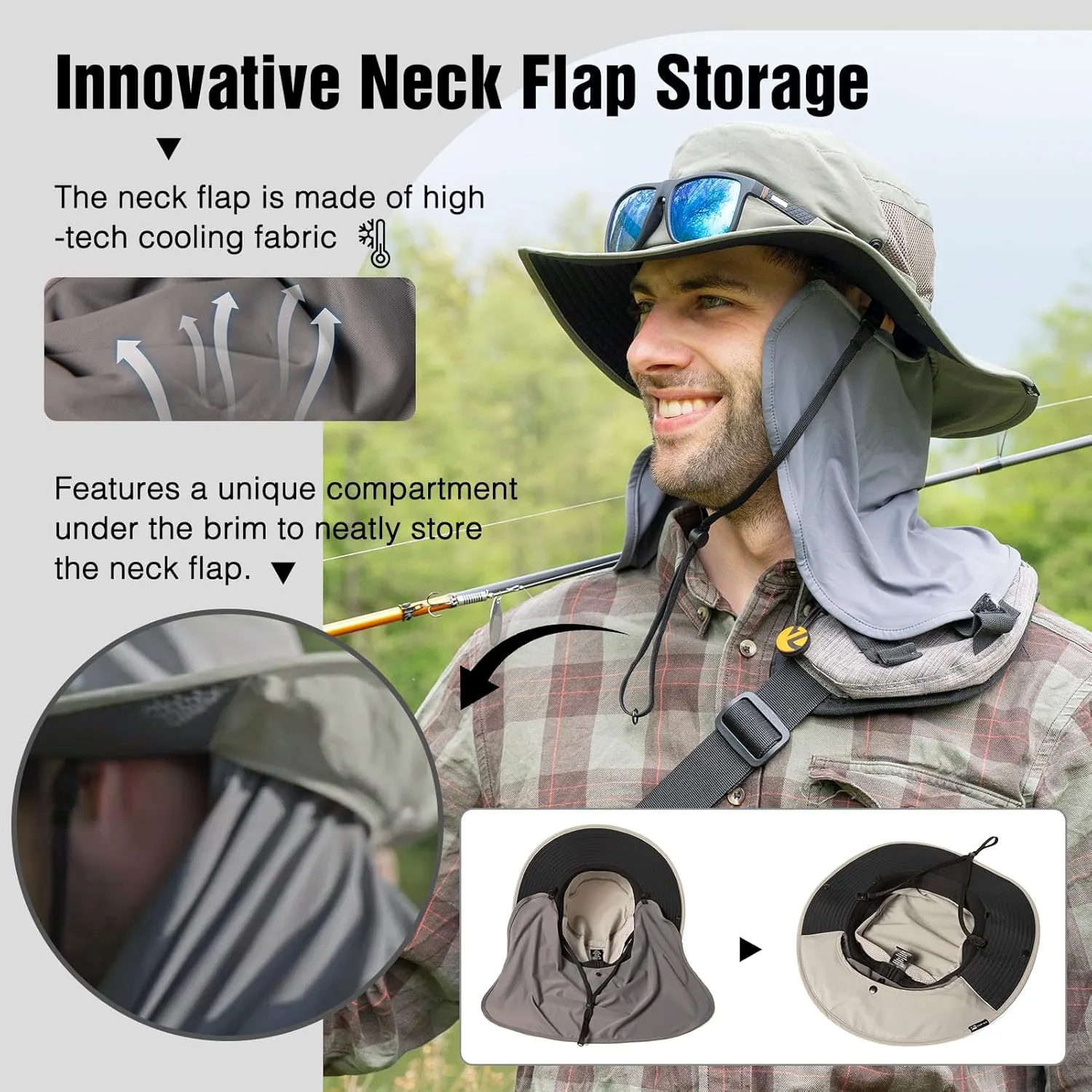 TOP-EX L/XL/XXL UV Protection Mens Sun Hat with Cooling Neck Flap Sunglass Lock Wide Brim Fishing Hats Waterproof & Packable