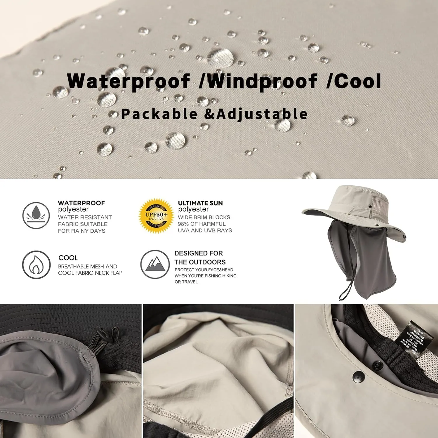 TOP-EX L/XL/XXL UV Protection Mens Sun Hat with Cooling Neck Flap Sunglass Lock Wide Brim Fishing Hats Waterproof & Packable