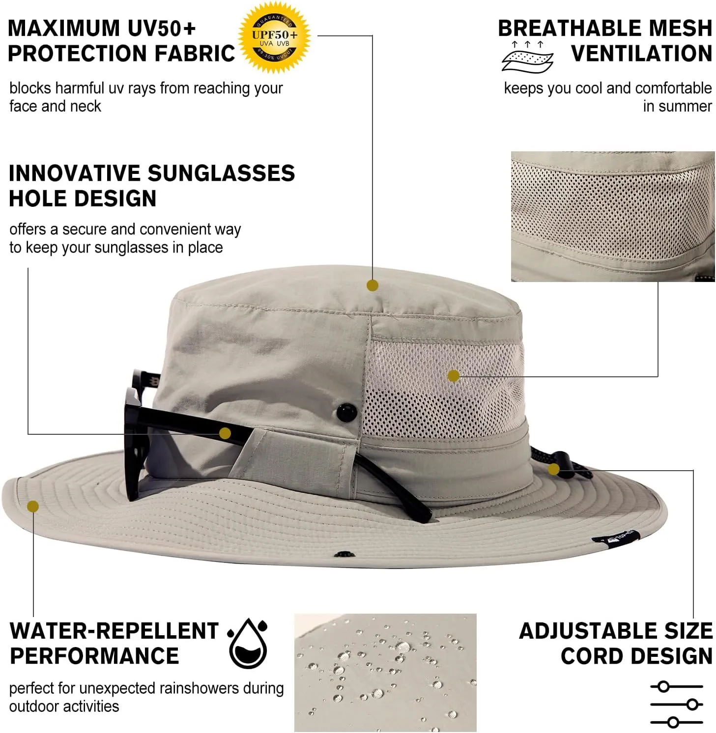 TOP-EX L/XL/XXL UV Protection Mens Sun Hat with Cooling Neck Flap Sunglass Lock Wide Brim Fishing Hats Waterproof & Packable