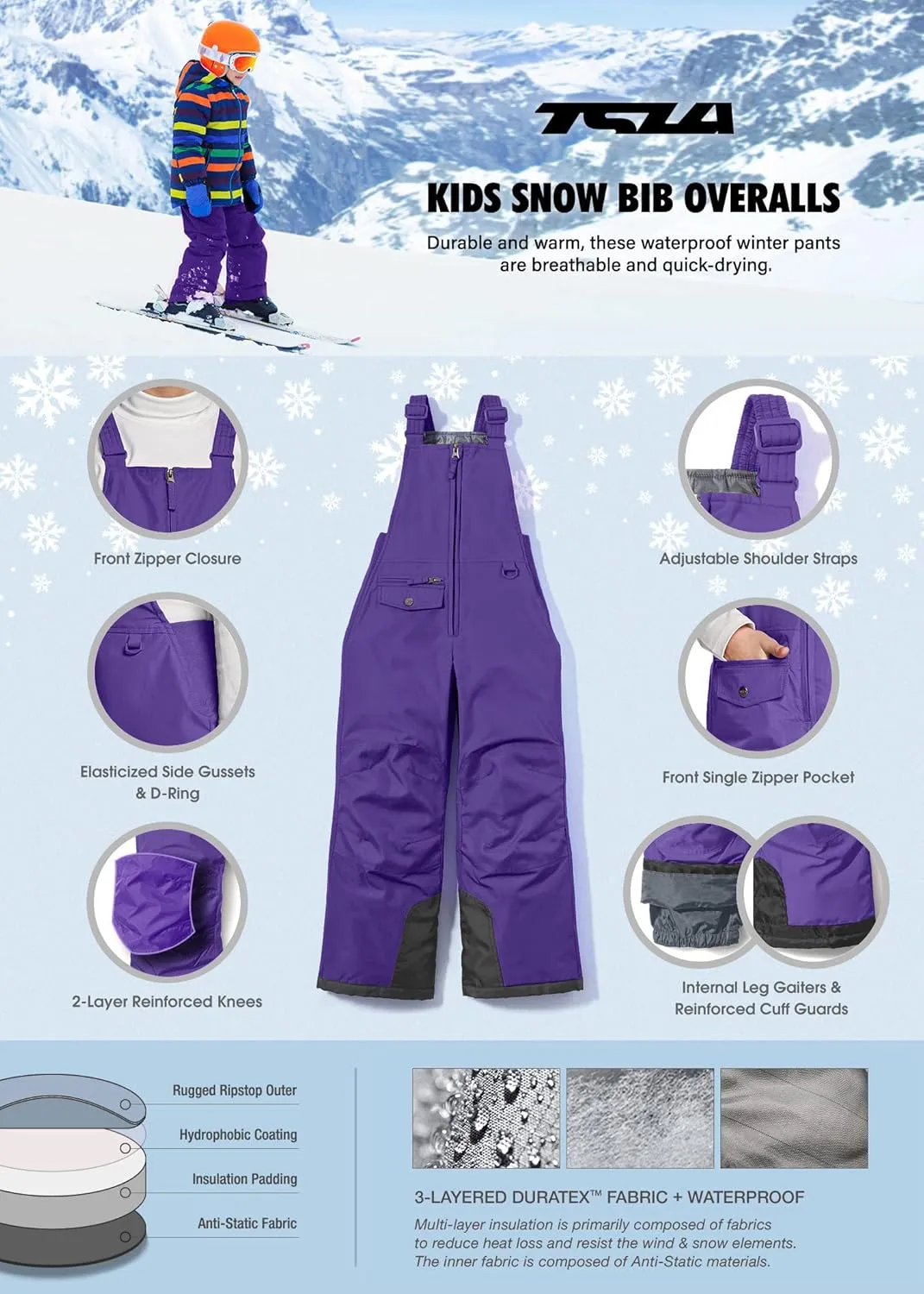 TSLA Kids & Boys and Girls Winter Snow Bibs, Waterproof Insulated Snowboard Overalls, Windproof Ripstop Ski Pants