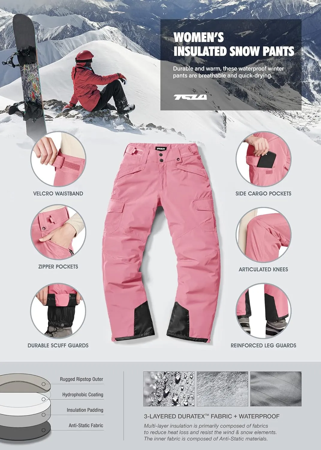 TSLA Women's Winter Snow Pants, Waterproof Insulated Ski Pants, Ripstop Snowboard Bottoms
