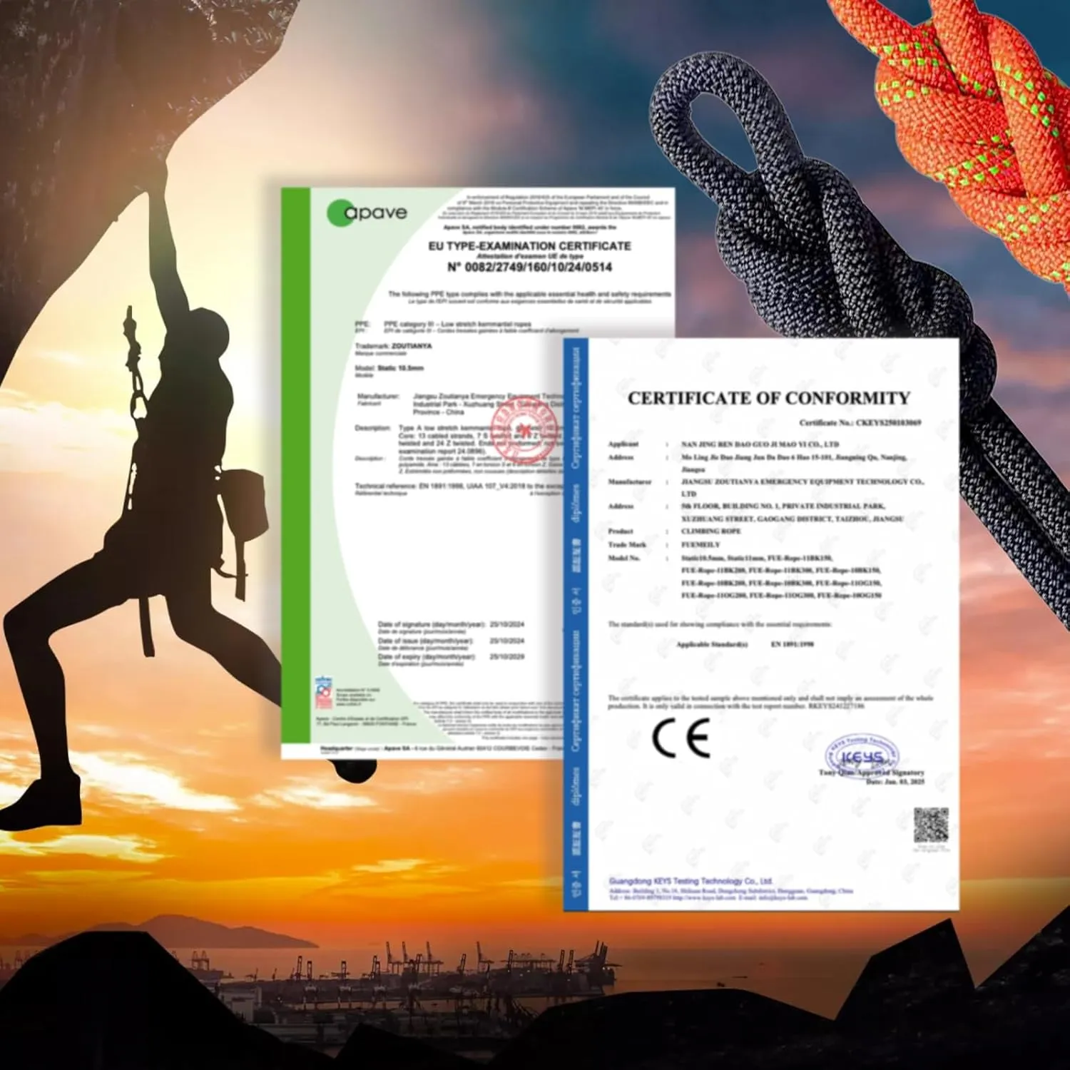UIAA Static Climbing Rope 11mm, 45M(150FT) Nylon Kernmantle Rappelling Rope for Survival Rescue Cord Rock Mountaineering Climbing Hauling