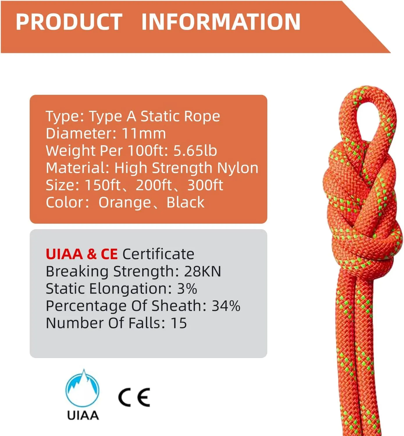 UIAA Static Climbing Rope 11mm, 45M(150FT) Nylon Kernmantle Rappelling Rope for Survival Rescue Cord Rock Mountaineering Climbing Hauling