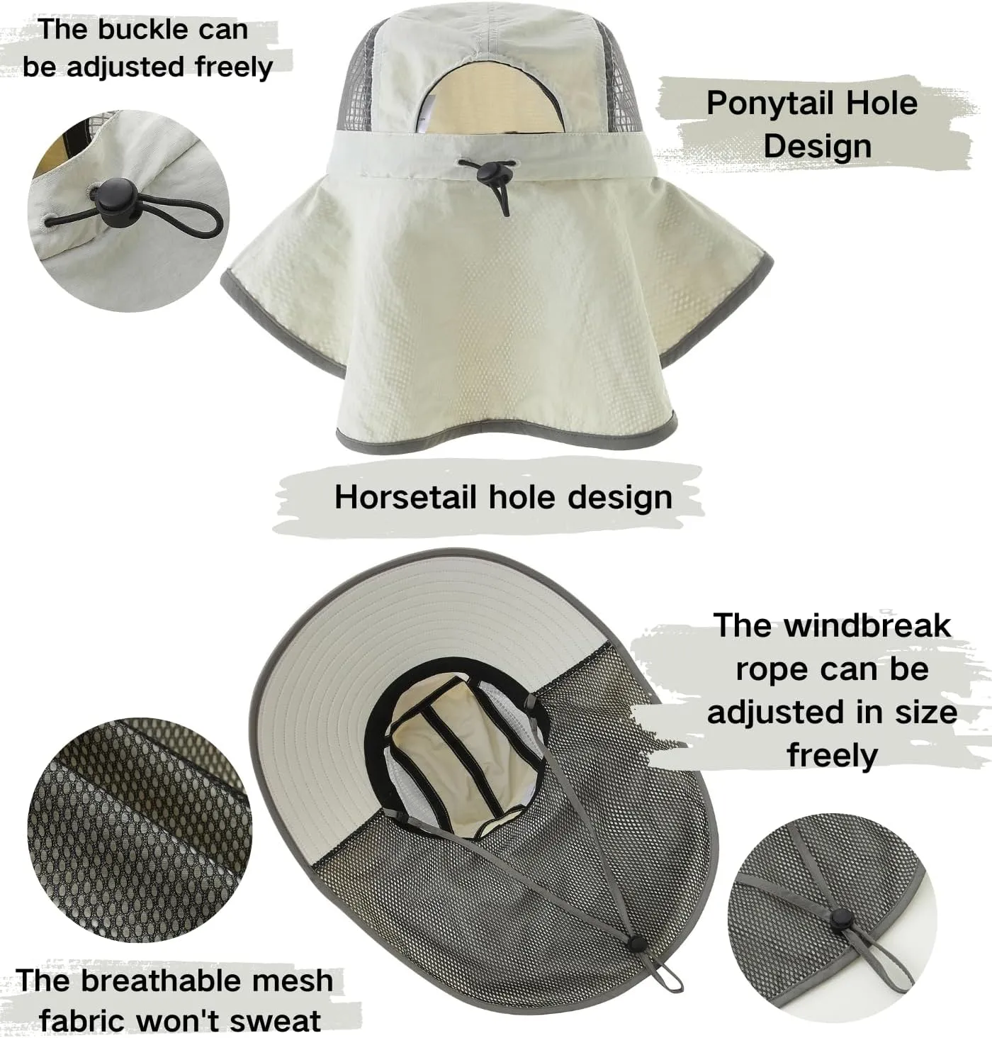 UV Sun Protection Hat Women Foldable Neck Flap Wide Brim Fishing Hat with Ponytail Hole for Women