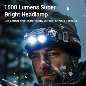 WARSUN Rechargeable LED Headlamp  1500 Lumens, Adjustable Angle, Aluminum Alloy & ABS, IPX6 Water-Resistant, Battery Indicator, Long Battery Life  Ideal for Camping, Hiking, and Industrial Use