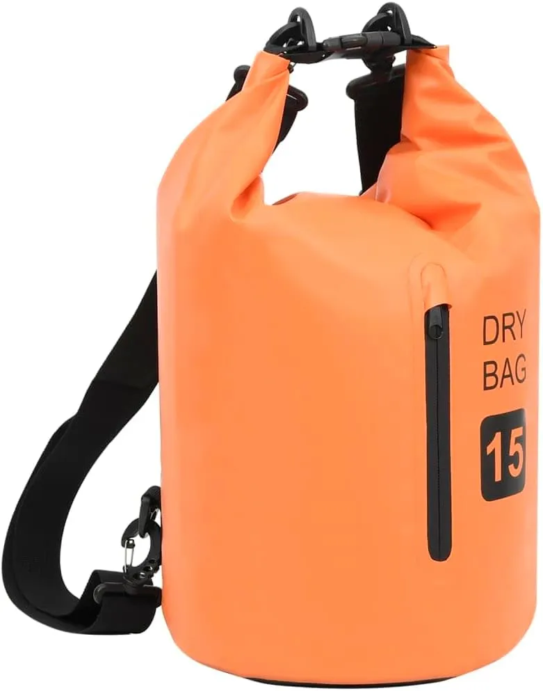 Waterproof Dry Bag with Zipper for Outdoor Adventures, 4 Gallon Capacity, Lightweight PVC, Orange and Black