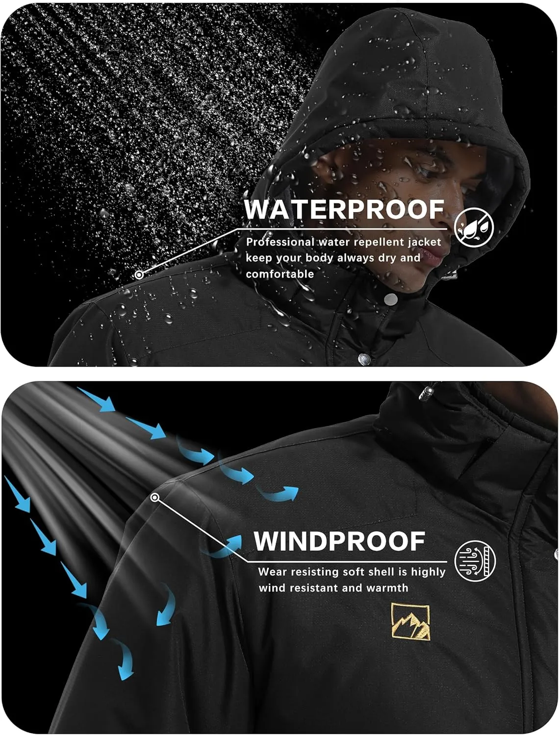 WENRONSTA Men's Ski Snow Jacket Winter Coat Warm Waterproof Windbreaker Mountain Snowboarding Hooded Hiking Traval