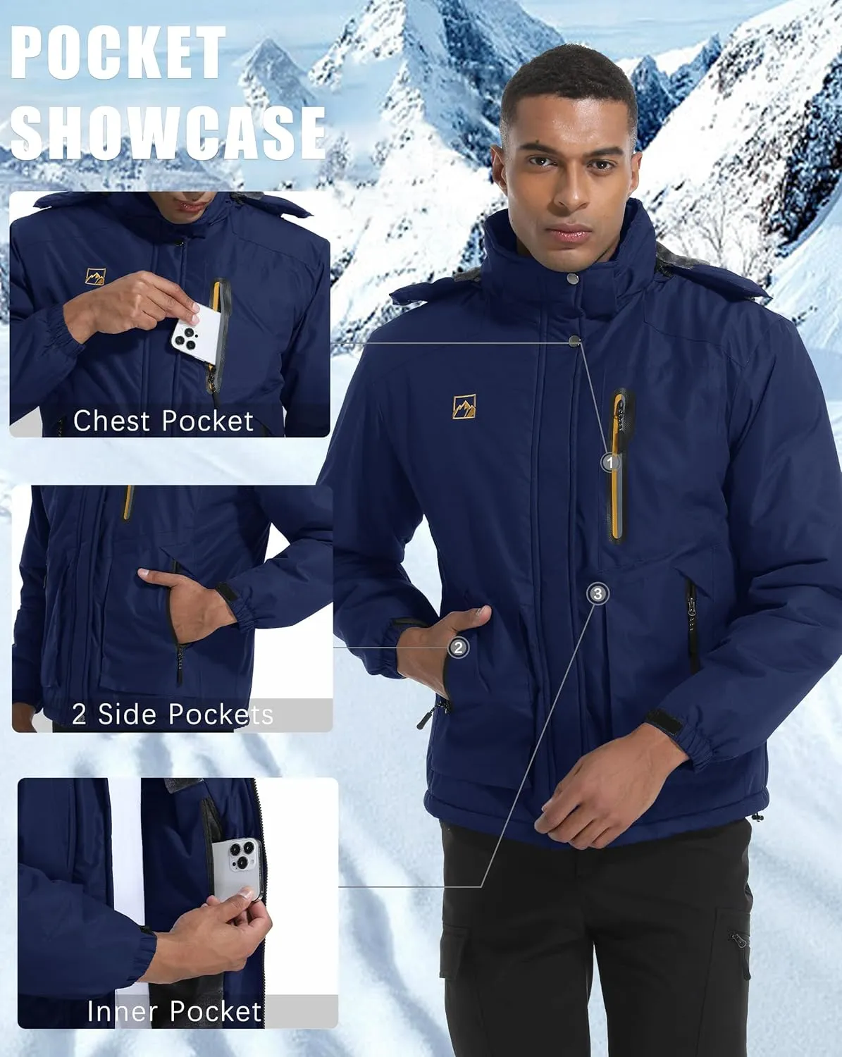 WENRONSTA Men's Ski Snow Jacket Winter Coat Warm Waterproof Windbreaker Mountain Snowboarding Hooded Hiking Traval
