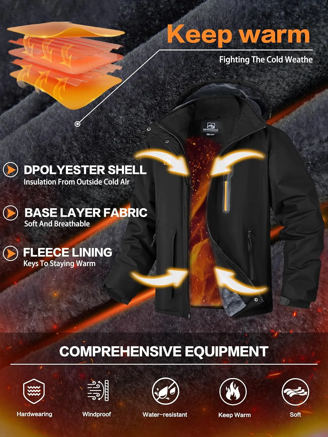 WENRONSTA Men's Ski Snow Jacket Winter Coat Warm Waterproof Windbreaker Mountain Snowboarding Hooded Hiking Traval