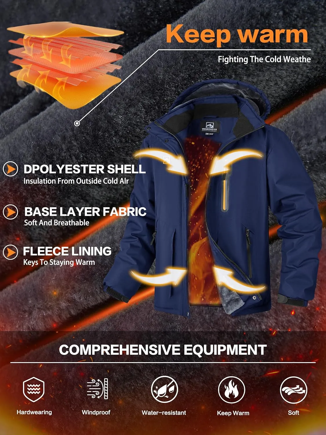 WENRONSTA Men's Ski Snow Jacket Winter Coat Warm Waterproof Windbreaker Mountain Snowboarding Hooded Hiking Traval