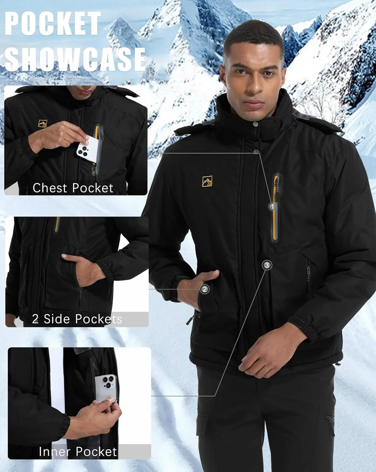 WENRONSTA Men's Ski Snow Jacket Winter Coat Warm Waterproof Windbreaker Mountain Snowboarding Hooded Hiking Traval