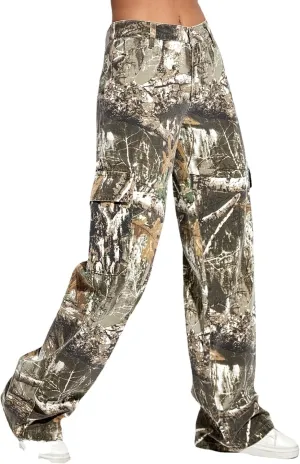 Women Camouflage Cargo Pants Straight Wide Leg Trousers Jeans with Pockets