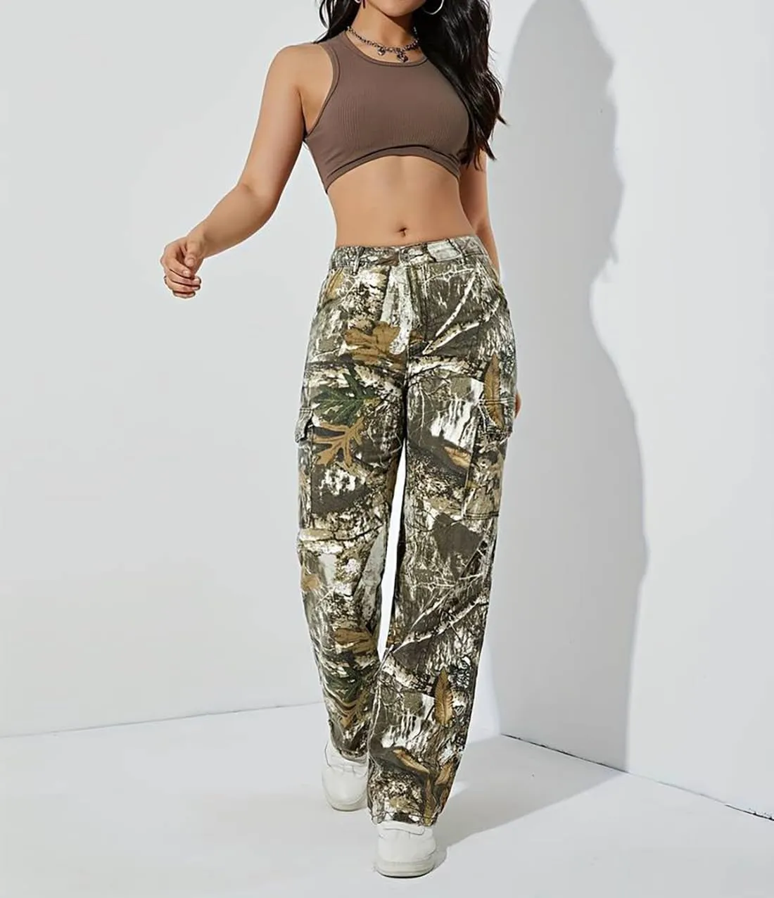 Women Camouflage Cargo Pants Straight Wide Leg Trousers Jeans with Pockets
