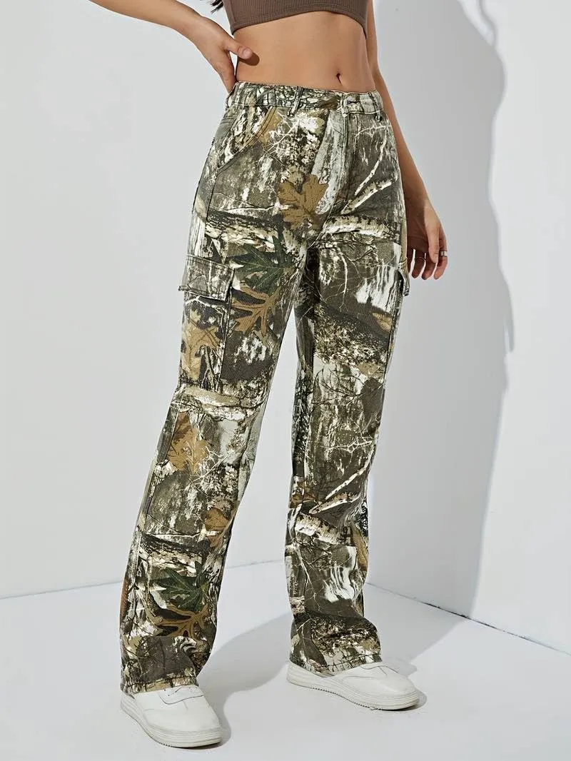 Women Camouflage Cargo Pants Straight Wide Leg Trousers Jeans with Pockets