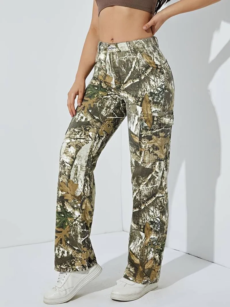 Women Camouflage Cargo Pants Straight Wide Leg Trousers Jeans with Pockets