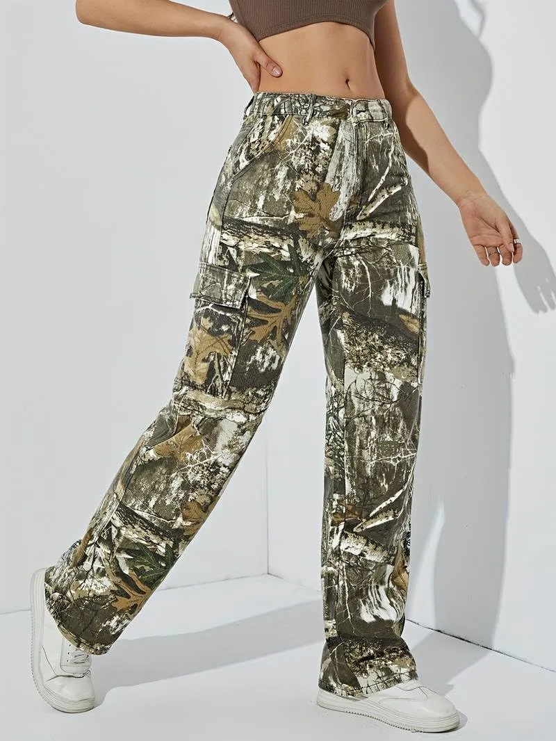 Women Camouflage Cargo Pants Straight Wide Leg Trousers Jeans with Pockets